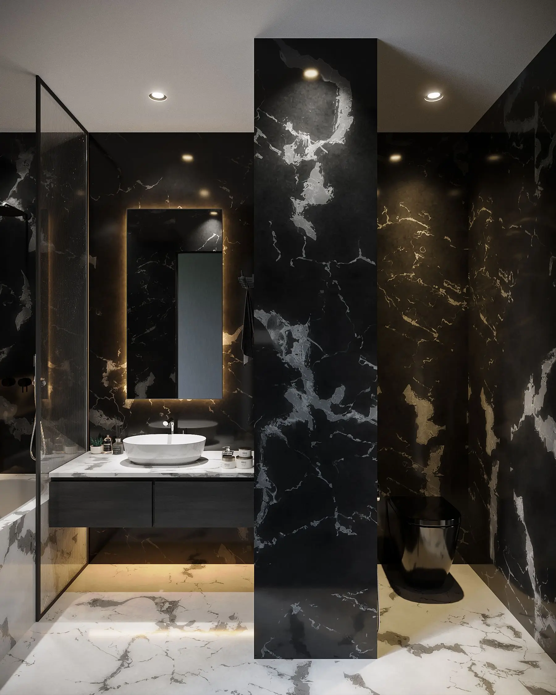 Dark stone bath, hidden tank